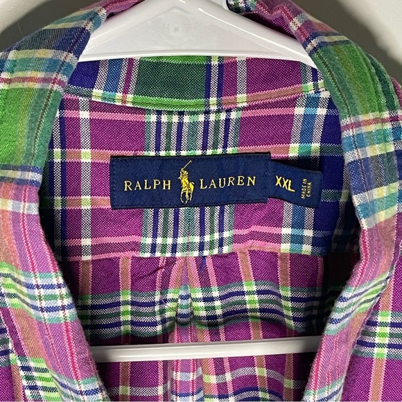 Ralph Lauren Pink Green Plaid Button Up XXL 2XL Flesh Pony Short Sleeve Cotton - Picture 3 of 7